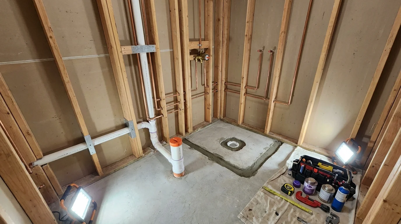 Bathroom rough-in plumbing during remodel by Johns Plumbing LLC in Culver
