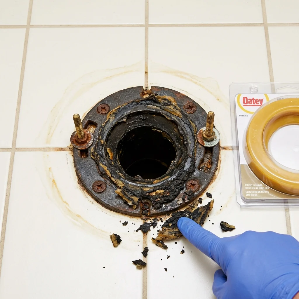 Failed wax ring showing water seepage at the base of a toilet in a Culver, OR home