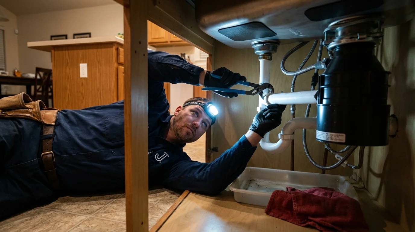 P-trap and supply line connections under a kitchen sink showing a common leak point in Culver, OR